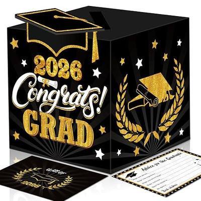Graduation Wish Cards with Black and Gold Card Holder Box - 36PCS Class Of 2026 Advice Cards and 2026 Congrats Grad Card Box for Graduation Party Supplies Decoration