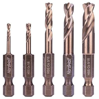NordWolf 5-Piece M35 Cobalt Stubby Drill Bit Set for Stainless Steel & Hard Metals, with 1/4" Hex Shank for Quick Chucks & Impact Drivers, SAE Sizes 3/32"-1/8"-3/16"-1/4"-5/16" in Storage Box
