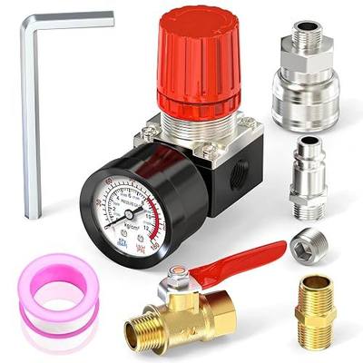 MEANLIN MEASURE 1/4 Inch Air Compressor Regulator with Gauge, 0-180 PSI Air Gauge Regulator Inline for Air Compressor and Pneumatic Tools (Four-Way Valve)