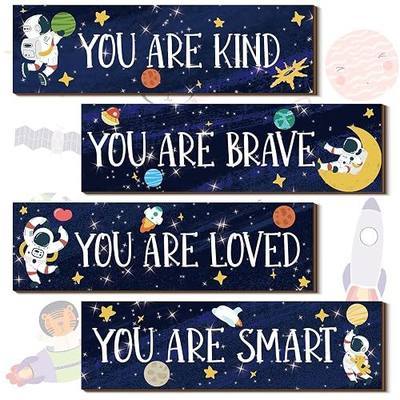 4 Pcs Space Room Decor for Kids Boys Outer Space Wall Art Bedroom Decor for Nursery Classroom Galaxy Vbs 2026 Decorations Astronaut Posters Spaceman Wood Sign Be Brave and Be Kind for Baby Boy