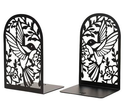 CNK Premium BookEnds - Heavy Duty Metal Book Stoppers for Home Office, Decorative Book Shelf Holders (Hummingbird Black)