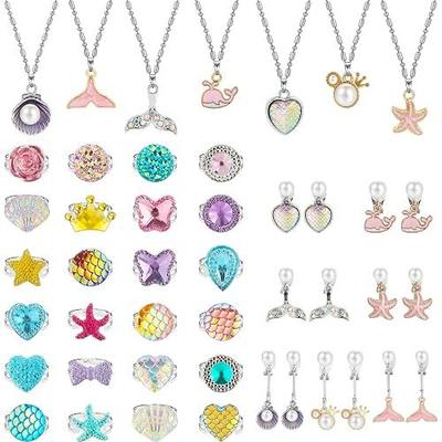 HaiMay 39 Pieces Kids Jewelry Set for Girl Clip on Earrings Princess Necklace Adjustable Dress up Rings Little Girl Jewelry for Party Favor, All Packed in Clear Boxes