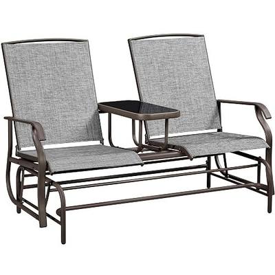 Yaheetech Outdoor Glider Bench Patio Loveseat with Table, Gray | Steel frame, Texteline fabric and tempered glass table provide comfort, easy assembly, and roomy two-person outdoor seating.