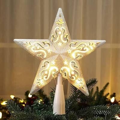BrizLabs Lighted Christmas Star Tree Topper, 8” Silver Star Xmas Treetop with 10 Lights, UL Certified Plug-in Warm White Tree Topper for Holiday Christmas Tree Decor