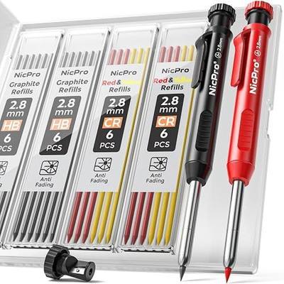 Nicpro Carpenter Pencil with Sharpener, Mechanical Pencils Set with 26 Refills, Deep Hole Marker for Construction, Heavy Duty Woodworking Tools for Architect (Black, Red) - With Case