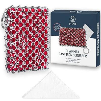 Cast Iron Scrubber Chainmail - 316L Cast Iron Cleaner Scrubber and Bamboo Cloth Set - Chain Mail Scrubber - Stainless Steel Chainmail Scrubber for Skillet, Pan, Dutch Oven - Essential Accessory
