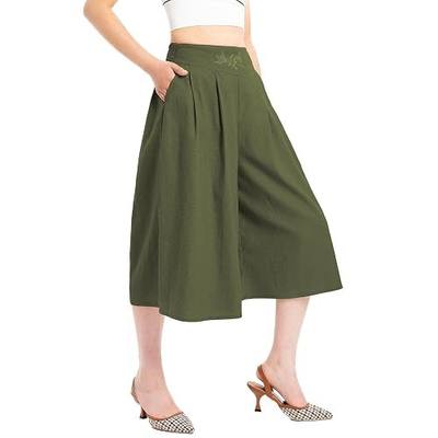 Lisskolo Women's Baggy Linen Wide Leg Palazzo Capris Pull On Embriodered Solid Summer Beach Cropped Culottes Pants Pocketed