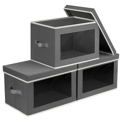 Homsorout Storage Bins with Lids - Fabric Storage Boxe with Window, Collapsible Closet Organizers with Handles, 3 Pack Decorative Bin, Home Cubes Baskets for Clothes, Hat, Books, Dark Grey