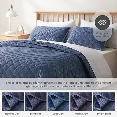 VEEYOO Quilt Set King Size - Bedspread Unique Geometric Pattern Stitching Design for All Season, Soft Velvet King Quilt Set, with 2 Shams, Machine Washable, Blue