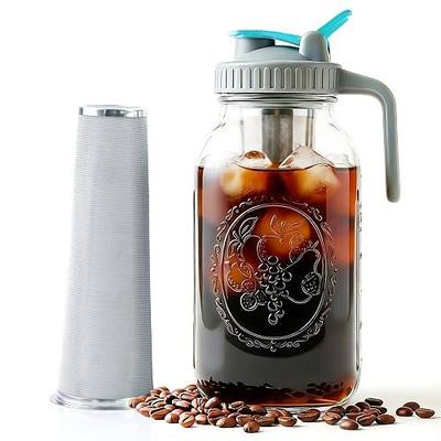 Mason Jar Cold Brew Coffee Maker 64 OZ ( 2 Quart ) Wide Mouth Cold Brew Pitcher With Stainless Steel Fine Mesh Filter Airtight & Leakproof Mason Jar Pitche For Coffee, Iced Tea, Sun Tea, Lemonade