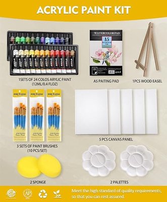 Colorful Acrylic Painting Kit, 24 Colors Paint Set with Brushes & Easel | Smooth blending, versatile art supplies for canvas painting, crafts, home project &creative gifts for beginners &artists