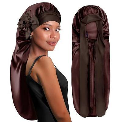 BONNET QUEEN Braid Bonnet Silk Bonnet Foldable Extra Long Wrap for Braids Satin Bonnets with Tie Band Long Sleep Cap, Chocolate