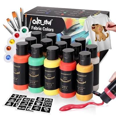 Colorful Fabric Paint Set for Clothes,14 Colors 1 Fl Oz Paint for Kids | Soft, washable, non-toxic kids’ fabric paint for shirts, totes, shoes and crafts, with brushes and palette included.