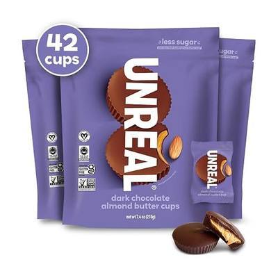 UNREAL Dark Chocolate Almond Butter Cups | 5g Sugar | Certified Vegan, Gluten Free, Fair Trade, Non-GMO | No Sugar Alcohols or Soy | Value Size, 7.4oz (Pack of 3) | Creamy almond butter in dark chocolate, 5g sugar, vegan, gluten free, simple ingredients, 42 individually wrapped cups