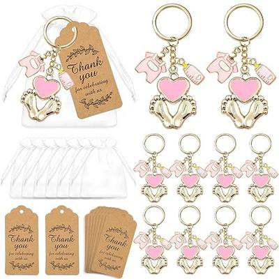 12 Sets Baby Shower Favors for Girl Pink Footprint Keychains Gifts with Bottle Baby Clothes White Organza Bags and Thank You Tags for It's a Girl Decorations Party Supplies