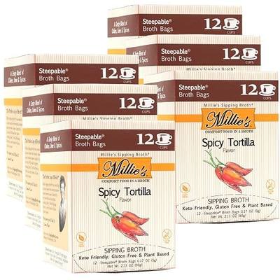 MILLIE'S SPICY TORTILLA SIPPING BROTH| Vegetable Broth with Savory Seasonings for Snack Urges | Vegan, Keto, Gluten Free, Intermittent Fasting, and natural | (6 Pack - 72 Broth Bags Total)