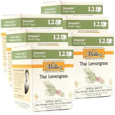 MILLIE'S THAI LEMONGRASS SIPPING BROTH | Vegetable Broth with Savory Seasonings for Snack Urges | Vegan, Keto, Gluten Free, Intermittent Fasting, and natural | (6 Pack - 72 Broth Bags Total)