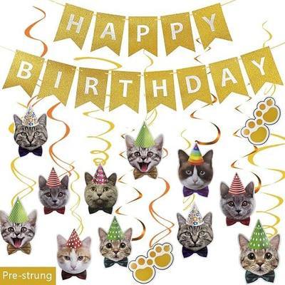 WOJOGO Cat Birthday Party Decorations Kit - 16 Pcs Cat Face Hanging Swirls and Pre-Strung Gold Happy Birthday Banner for Cat Themed Birthday Funny Kitty Party Supplies Meow Decor