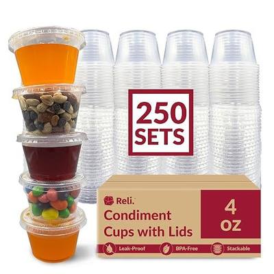 Reli. 4 oz Small Containers with Lids (250 Sets) | Jello Shot Cups with Lids | Clear Plastic Condiment Containers | Portion Cups, Sauce, Souffle | Stackable | Bulk