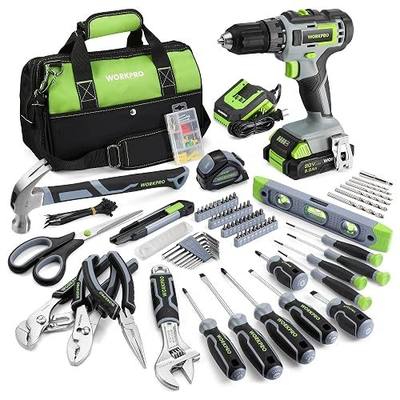 WORKPRO Home Tool Set with 20V Cordless Drill, Household Repairing Tool Kit | Green Home tool kit with Power drill Set, DIY Electric Screwdriver Set, Home Repair & Gifts, 14" Storage Tool Bag, 157PCS