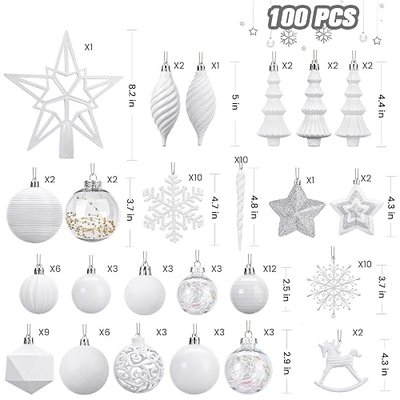 SHareconn 100pcs Christmas Tree Decorations Ornaments Set, Shatterproof Plastic Baubles Decorative Balls for Xmas Tree Decor Holiday Wedding Party, White
