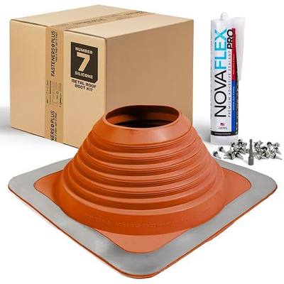 Fasteners Plus #7 Square Silicone Metal Roof Pipe Flashing Boot with Complete Install Kit (Fits 5-1/2” - 11-1/2” Pipe OD), Red