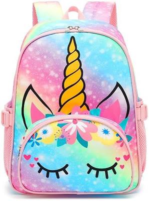 Kids Backpack Girls School Backpack Preschool Kindergarten Unicorn Toddler BookBag with Chest Clip (Slanting Rainbow)