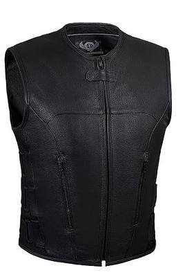 True Element Mens SWAT Team Style Leather Motorcycle Vest with Gun Pockets & Side Size Adjust. (Black,Sizes S-5XL,Tall)