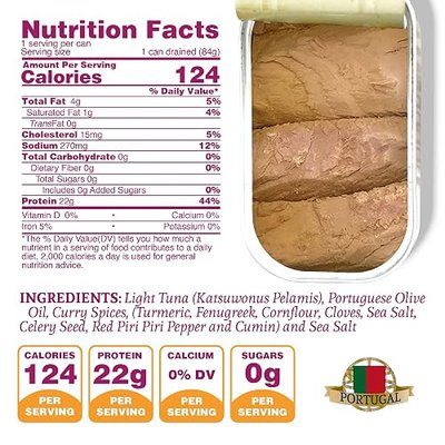 Santo Amaro - Artisanal Wild Tuna Fillets in Olive Oil & Turmeric Curry, Pole & Line Caught from Portugal, Hand-Packed Goa-Style Natural Canned Tuna, 22g Protein, Keto, 124 Cal, Low Mercury, Pack of 6