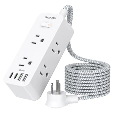 Power Strip Surge Protector, BESHON 5Ft Extension Cord, 6 Outlets with 4 USB Ports (2 USB C Outlet), 3-Side Outlet Extender, Wall Mount, Compact for Travel, Home, College Dorm Room and Office