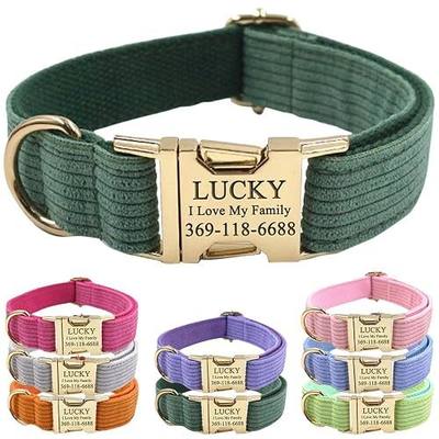 PETDURO Personalized Dog Collars Dark Green Soft Luxe-Rib Corduroy | Custom Engraved Gold Metal Buckle with Name Phone Number, For Large Medium Small Boy Girl Dogs - Optional Leash Bow Tie