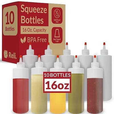 Reli. Plastic Squeeze Bottles, 16 oz. | 10 Pack | Clear with Red Tip Cap | Condiment Squeeze Bottles for Sauces | 16 Ounce Hot Sauce, Ketchup | Condiments, Olive Oil | BPA Free