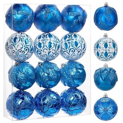 Hollyone 3.15"/80mm Blue Christmas Ball Ornaments 12 Pcs Shatterproof Christmas Tree Relief Ornament Set Large Hanging Balls for Xmas Wedding Holiday Wreath Home Decorations