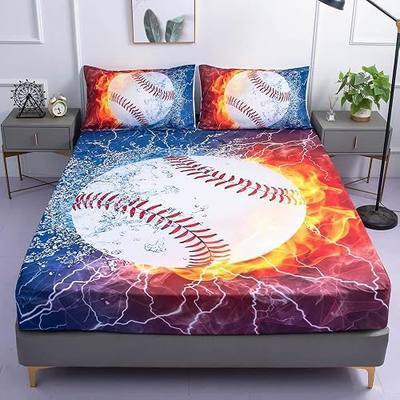 Sports Baseballl Sheets Sets Queen Size - 3PC Ice Flame Galaxy Baseball Boys Fitted Sheets(Fitted Sheet1 Pillowcases2)