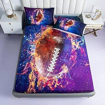 Sports Football Rugby Sheet Sets Queen Size - 3PC Ice Flame Galaxy Football Boys Fitted Sheets(Fitted Sheet1 Pillowcases2)