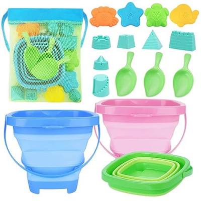 RACPNEL Collapsible Beach Toys for Kids, 3 Pack Foldable Sand Buckets and Shovels Set with Mesh Bag, Silicone Pails for Beach Travel Essentials, Easter Egg Hunt, Sand Toys Molds for Kids and Toddlers