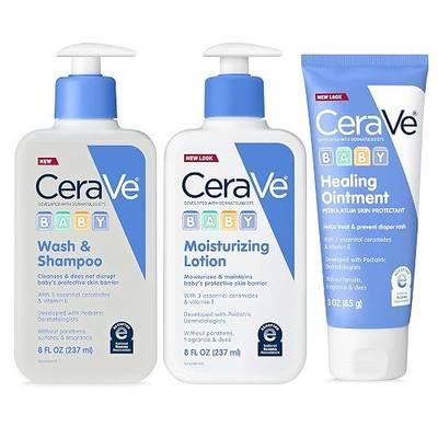 CeraVe Baby Bath Set, 8oz Wash & Shampoo + 8oz Moisturizing Lotion + 3oz Healing Ointment, Fragrance, Parabens, Phthalates, & Tear Free Baby Bath Essentials