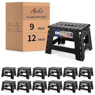 ACKO 12pack Folding Step Stool 9 Inch Step Stool 300 lb Capacity Plastic Foldable Step Stools for Kids and Adults, Folding Stool Suitable for Kitchen, Small Stepping Stool with Handle Black
