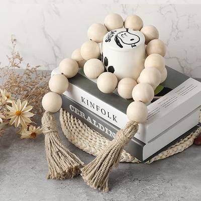 Farmhouse Decor Large Wood Bead Garland 50inch long with 1.6" Diameter beads, Natural Wooden Beads Decor with Tassels Decorative Boho Country Decoration for Coffee Table Home Tiered Tray Wall Hanging
