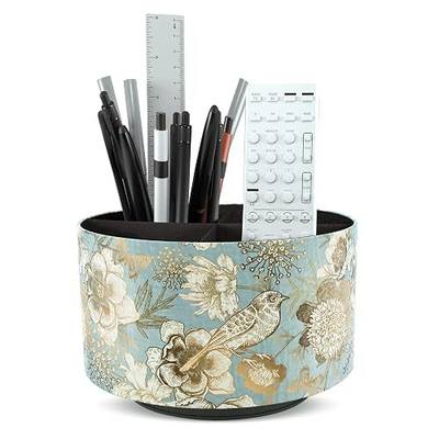 Round Leather Art Supply Organizer,Remote Control Holder,360 Degree Rotating,Multi-Functional Pencil Holder,4 Compartments Desktop Stationary Organizer(1-Blue Bird)