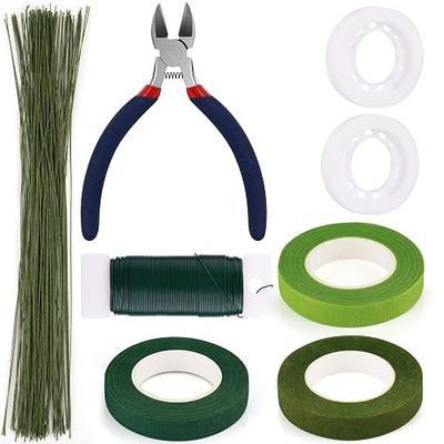 GLAMFIELDS Floral Arrangement Kit with Cutter, 5 Rolls 1/2" Wide Floral Tapes, 100 pcs 26 Gauge Floral Stem Wire, 1 Roll 22 Gauge Floral Wire for Bouquet Stem Wrapping and Floral Crafts | floral cutter; 5 rolls 0.5" wide tape; 100 pcs 26 gauge stem wire; 1 roll 22 gauge wire; Complete bouquet and cr