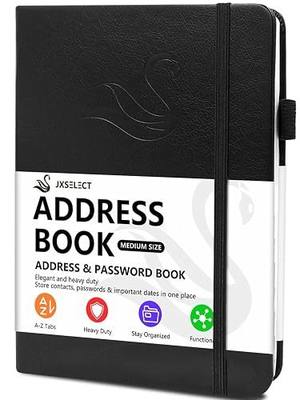 JXSELECT Elegant Address Book with Alphabetical Tabs, Hardcover Address Log Book & Password Keeper, with Contacts, Phone Numbers, Birthdays, Anniversaries and Notes Section (5.2x7.7") (Black)