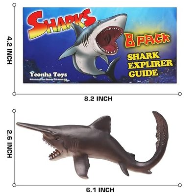 8 Pack Shark Toys with Booklet, Realistic Shark Figurines | Soft plastic ocean animal figures with booklet for under sea play, party decorations, cake toppers, bath play, and gifts