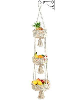 MOVNO 3 Tier Hanging Fruit Basket, Handmade Macrame Hanging Basket, Decorative Macrame Fruit Basket Hanging, Space Saving Boho Fruit Basket, Perfect for Kitchen/Bedroom/Living Room