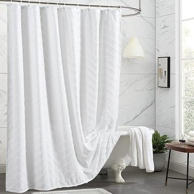 YoKii White Boho Small Stall Shower Curtain 36'' Width, Modern Shabby Chic Textured Tufted Chevron Striped Minimalist Half Bathroom Shower Curtains Set Waterproof Fabric, Wrinkle Resistant
