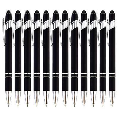 PASISIBICK 12-Piece Black Ballpoint Pen with Stylus Tip, 2 in 1 Stylish Metal Touch Screen Pen - Black Ink, 1.0 mm Medium Point - 5.5 x 0.4 inch / 14 x 1 cm