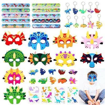 44 pcs Kids Birthday Party Articles Dinosaur Party Gift Set Includes 10 pcs Party Articles Dinosaur masks-Adjustable size Felt masks, 10pcs Keyrings 10pcs Dinosaur rings , 10pcs Dinosaur Hand Slap Bracelet, 4 sets Dinosaur Stickers,Dinosaur Party Gift Set to Kids Birthday Party Article Gifts.