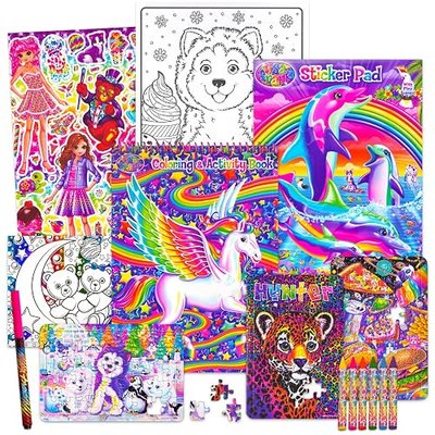 Coloring Book and Stickers Set - Giant Lisa Frank Coloring and Activity Fold-Out Storage Case for Girls, Kids, Adults (Lisa Frank Party Supplies)