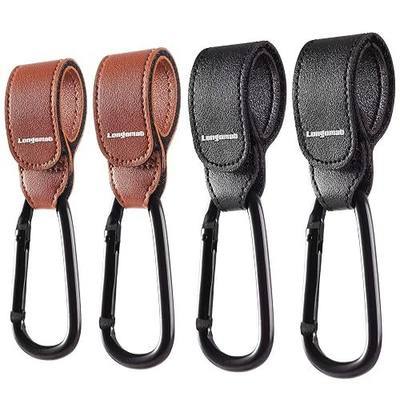 4-Pack Baby Stroller Hooks Clip or Hanging Diaper Bag Universal Hooks Accessories for Stroller and Car or Shopping Cart Made of Aircraft Aluminum and Leather (Black and Brown)