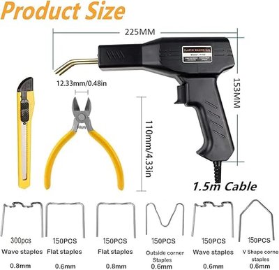 Plastic Welding Machine Car Bumper Repair Kit,Hot Stapler Plastic Repair Welder Soldering Kit,6Types 1050 Staples,Hot Staple Gun Plastic Welder&Flat/Outside Corner/Inside Corner/Wave Staples